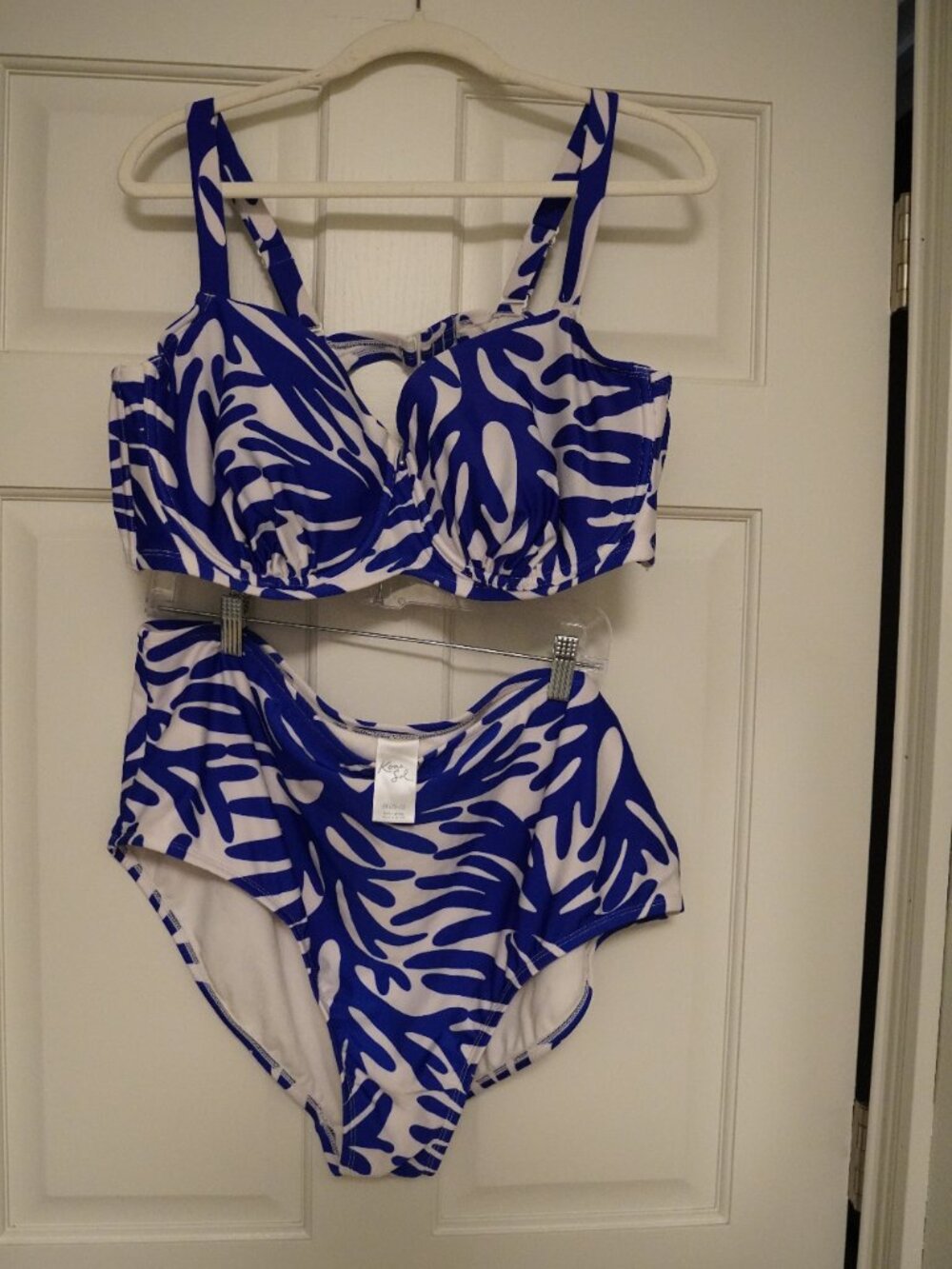Kona Sol 2X Blue White Abstract Leaf Bikini Set High Waisted Underwire Swim - Picture 4 of 4